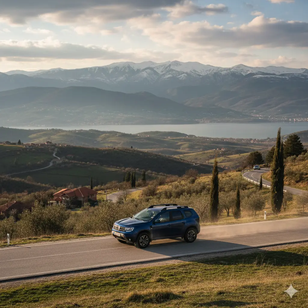 Rental car driving through Macedonia landscape